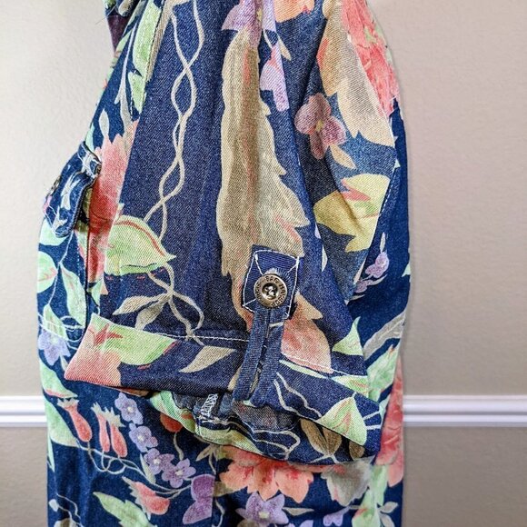 Tropical Short Sleeve Denim Button Down Collared Floral Top - Picture 5 of 6